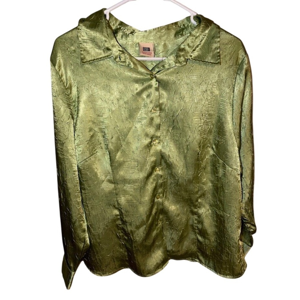 Faded Glory Womens' Plus Green Crinkle Satin Button Down